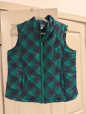 Laura Scott Teal and Navy Plaid Quilted Zip Vest